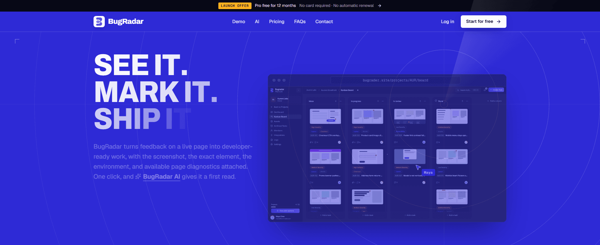 BugRadar landing page showing a kanban board of bug reports with captured screenshots